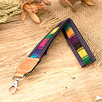 Leather-accented cotton keychain, 'Colorful Vibe' - Handwoven Blue Cotton Strap Keychain with Leather Accent