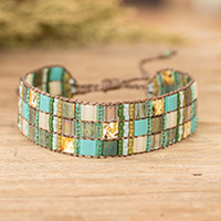 Glass beaded wristband bracelet, 'Magical Mosaic' - Adjustable Green Aqua Mosaic Glass Beaded Wristband Bracelet