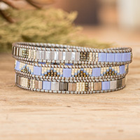 Glass beaded wrap bracelet, 'Santa Fe in Grey' - Handcrafted Grey Blue Beige Glass Beaded Wrap Bracelet