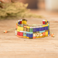 Glass beaded wristband bracelet, 'Colorful Tiles' - Colorful Mosaic Style Glass Beaded Wristband Bracelet