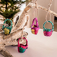 Natural fiber ornaments, 'Sweet Customs' (set of 4) - Set of 4 Green and Fuchsia Natural Fiber Basket Ornaments