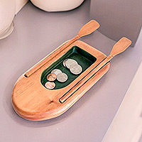Wood catchall, 'Boat to Vital Waters' - Hand-Carved Boat-Shaped Cedarwood Catchall in Green