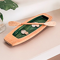 Wood catchall, 'To the Green Lagoon' - Handmade Brown and Green Cedarwood Boat Catchall with Paddle