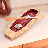 Wood catchall, 'To the Red Lagoon' - Handmade Brown and Red Cedarwood Boat Catchall with Paddle