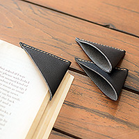Leather corner bookmarks, 'Words and Reflections' (set of 3) - Set of Three Handcrafted Black Leather Corner Bookmarks