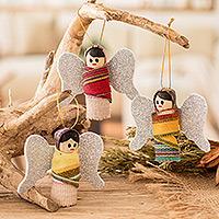 Wood and cotton ornaments, 'Worry-Free Christmas' (set of 3) - Angel Worry Doll-Themed Wood and Cotton Ornaments (Set of 3)