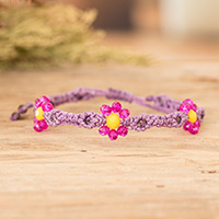 Crystal beaded macrame bracelet, 'My Garden of Sweetness' - Floral Woven Adjustable Pink Crystal Beaded Macrame Bracelet