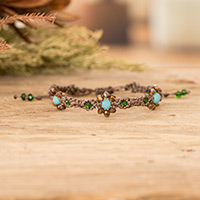 Crystal beaded macrame bracelet, 'My Garden of Strength' - Floral Adjustable Brown Crystal Beaded Macrame Bracelet