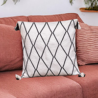 Cotton cushion cover, 'Ivory of Diamonds' - Diamond-Patterned Ivory and Black Cotton Cushion Cover