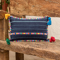 Cotton cushion cover, 'Everlasting Spring' - Handwoven Rectangular Blue Cotton Cushion Cover with Tassels