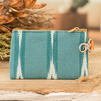 Cotton coin purse, 'Elegant Waters' - Handwoven Patterned Turquoise Cotton Coin Purse with Zipper