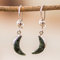 Jade dangle earrings, 'Chic Crescent' - Silver Dark Green Jade Crescent Moon Dangle Earrings
