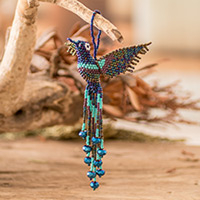 Glass beaded home accent, 'Hummingbird Spell' - Handcrafted Glass Beaded Blue Hummingbird Home Accent