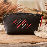 Leather coin purse, 'Urban Elegance' - Handcrafted 100% Leather Coin Purse in Black Red and Grey