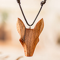 Wood pendant necklace, 'Nocturnal Wolf' - Hand-Carved Adjustable Cedarwood Wolf Pendant Necklace