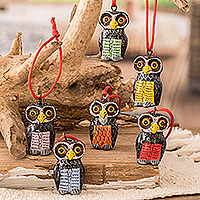 Ceramic ornaments, 'Sweet Friends' (set of 6) - Set of 6 Hand-Painted Whimsical Ceramic Owl Ornaments