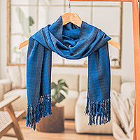 Cotton scarf, 'Endless Sky' - Striped Fringed Hand-Loomed Cotton Scarf in Blue Shades