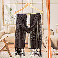 Cotton scarf, 'Black Geometric Charm' - Hand-Woven Black Cotton Scarf with Fringe and Rhombus Motifs