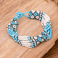 Glass beaded wristband bracelet, 'Flower Harmony in Heaven' - Handmade Blue and White Glass Beaded Wristband Bracelet