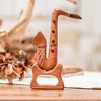 Mahogany home accent, 'Celestial Harmony' - Saxophone-Themed Hand-Carved Mahogany Wood Decorative Accent