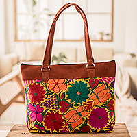 Bolso tote bordado a mano - Bolso Tote Tejido y Bordado a Mano con Estampados Florales