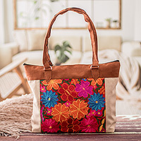 Handwoven tote bag, 'Floral Elegance' - Brown and Ivory Tote Bag with Handwoven Floral Designs