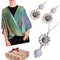 Curated gift set, 'Lilac Dream' - Lilac Jade Necklace Earrings and Poncho Curated Gift Set
