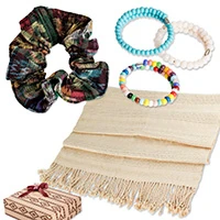 Curated gift set, 'Colors and Textures' - Curated Gift Set with 3 Rings Shawl and Upcycled Scrunchie