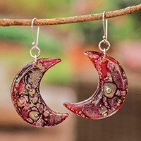 Recycled CD dangle earrings, 'Galactic Crescent Moon' - Eco-Friendly Recycled CD Moon Earrings with Silver Hooks