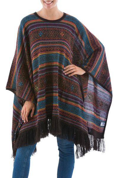 100% alpaca poncho, 'Life Celebration' - Multi-color Womens Alpaca Poncho with Fringe