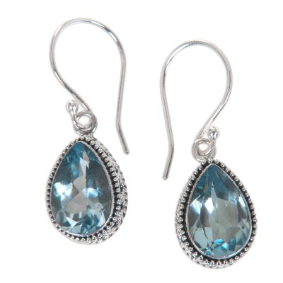 Blue topaz dangle earrings, 'Sparkling Dew' - Blue Topaz and Sterling Siver Contemporary Dangle Earrings