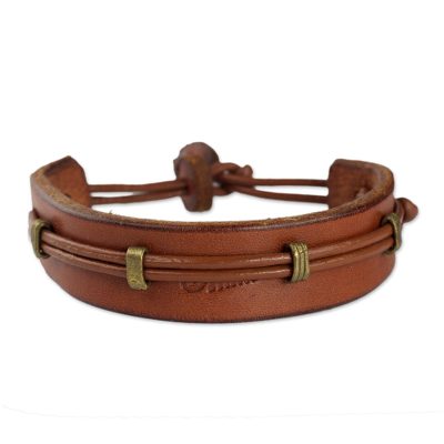 Men's leather wristband bracelet, 'Stand Alone in Tan' - Mens Leather Bracelet
