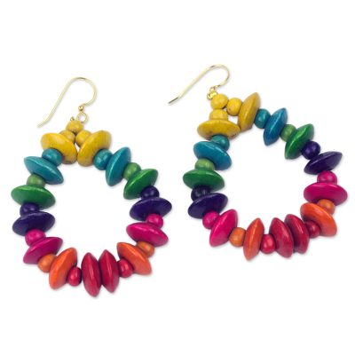 Wood dangle earrings, 'Joyous Celebration' - Colorful Fair Trade Beaded Wood Dangle Earrings