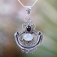 Rainbow moonstone and garnet pendant necklace,