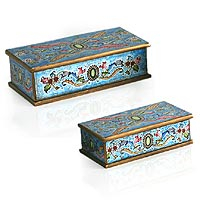 Reverse painted glass jewelry boxes, 'Emerald' (pair) - 2 Collectible Reverse Painted Glass Wood Decorative Boxes