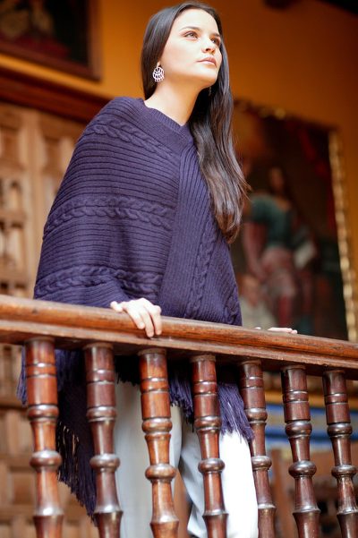 Alpaca blend poncho, 'Double Plum Braids' - Poncho Alpaca Blend Purple Knit for Women