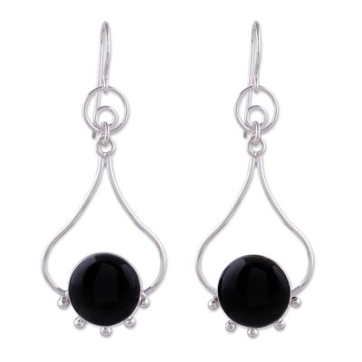 Obsidian dangle earrings, 'Andean Moon' - Handmade Sterling Silver Dangle Obsidian Earrings