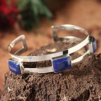 Lapis lazuli cuff bracelet, 'Three Wishes' - Lapis lazuli cuff bracelet