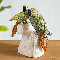 Serpentine and onyx sculpture, 'Parrot Love' - Gemstone Serpentine and Onyx Bird Figurine Sculpture Pair