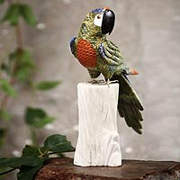 Serpentine and calcite sculpture, 'Jungle Cockatoo' - Collectible Gemstone Multicolor Bird Sculpture