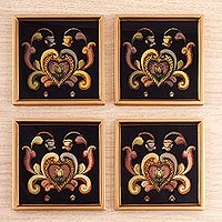 Glass coasters Floral Romance in Black set of 4 Peru