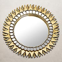 Mohena mirror, 'Inca Sunburst' - Sun Themed Bronze Leaf Artisan Wall Mirror