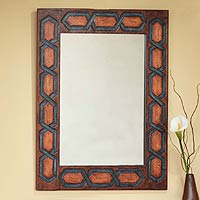 Leather mirror, 'Helix' - Artisan Crafted Geometric Leather Mirror