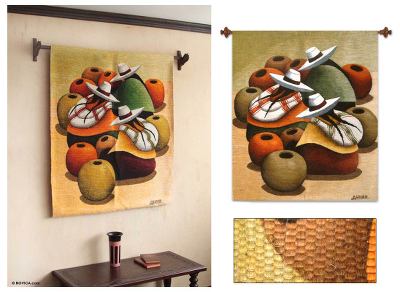 Wool tapestry, 'Market of Earthen Jars' - Handcrafted Cultural Wool Tapestry Wall Hanging