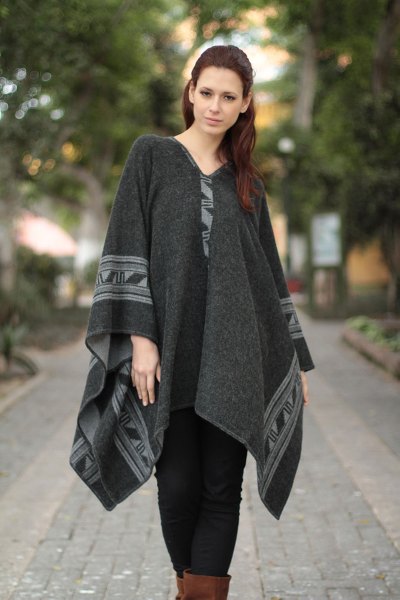Reversible alpaca blend poncho, Gray Black Glyphs