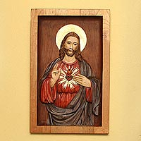 Cedar relief panel Heart of Jesus Peru