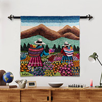 Wool tapestry, 'Women Picking Flowers' - Floral Wool Tapestry Wall Hanging