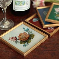 Painted glass coasters Roses set of 4 Peru