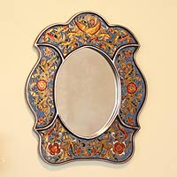 Reverse painted glass wall mirror, 'Floral Sky' - Reverse Painted Glass Decorative Wall Mirror