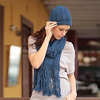 100% alpaca scarf and hat, 'Periwinkle Blue' - Hand Made Alpaca Wool Scarf and Hat Winter Set